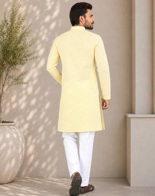 Yellow color traditional chikankari embroidery cotton men's kurta payjama set 4