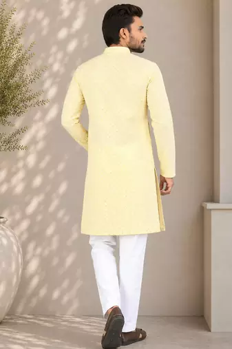 Yellow color traditional chikankari embroidery cotton men's kurta payjama set