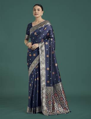 Blue banarasi silk blend jacuard work saree with unstitched blouse piece 2