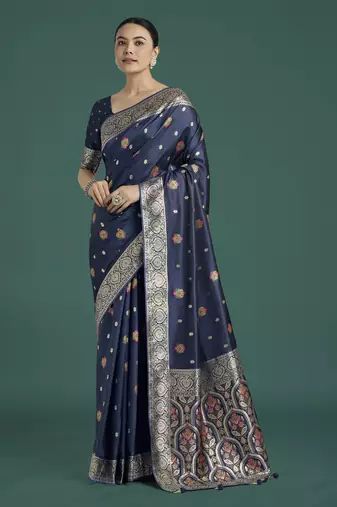 Blue banarasi silk blend jacuard work saree with unstitched blouse piece