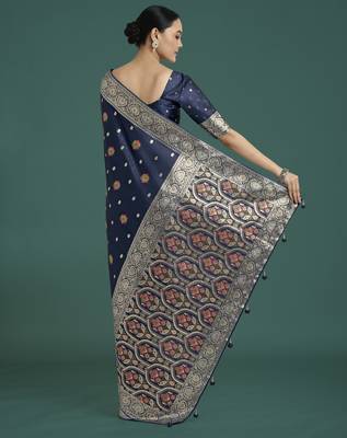 Blue banarasi silk blend jacuard work saree with unstitched blouse piece 3