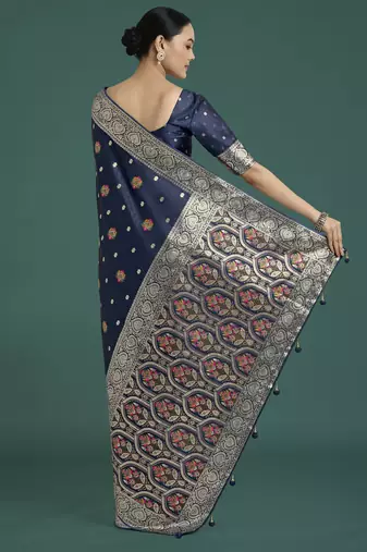Blue banarasi silk blend jacuard work saree with unstitched blouse piece