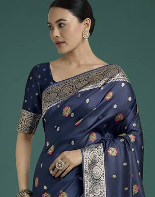 Blue banarasi silk blend jacuard work saree with unstitched blouse piece 4