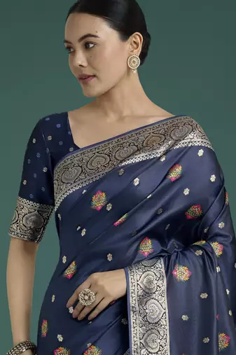 Blue banarasi silk blend jacuard work saree with unstitched blouse piece