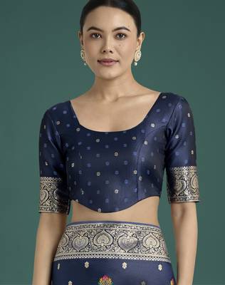 Blue banarasi silk blend jacuard work saree with unstitched blouse piece 5