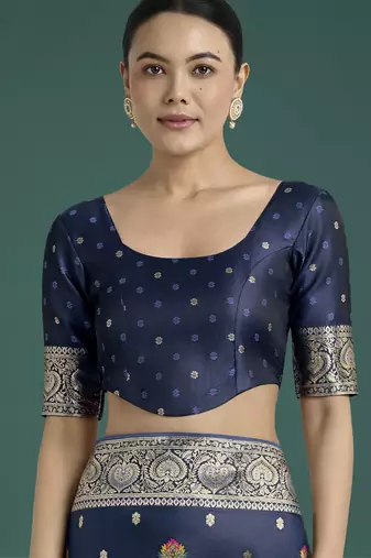 Blue banarasi silk blend jacuard work saree with unstitched blouse piece