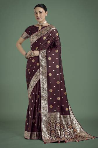 maroon silk blend banarasi jacuard work saree with unstitched blouse piece