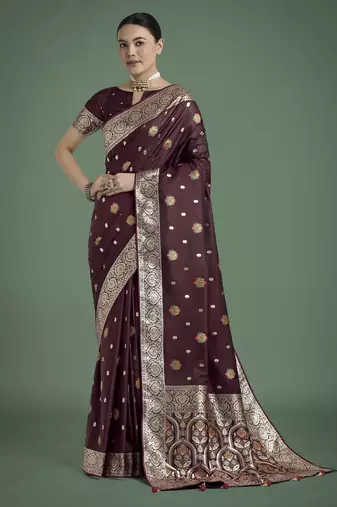 maroon silk blend banarasi jacuard work saree with unstitched blouse piece
