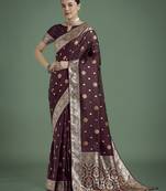 maroon silk blend banarasi jacuard work saree with unstitched blouse piece