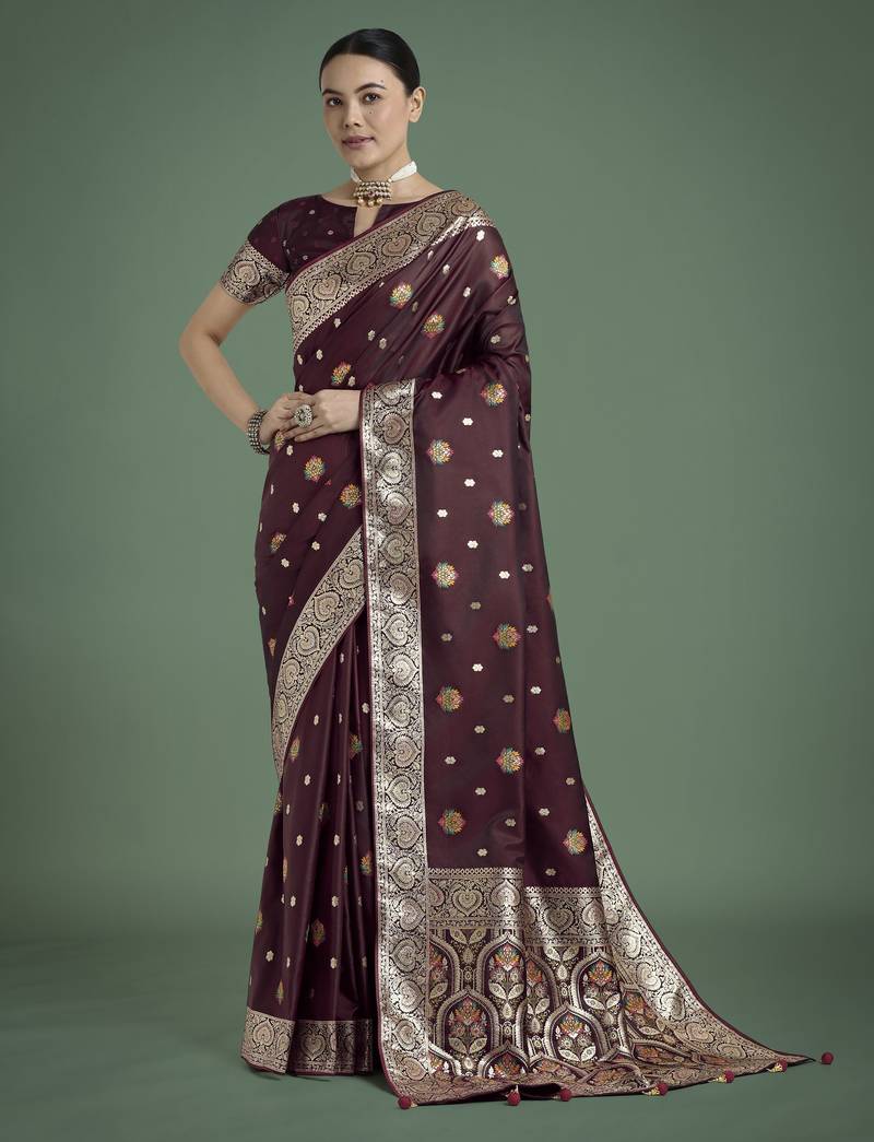 maroon silk blend banarasi jacuard work saree with unstitched blouse piece