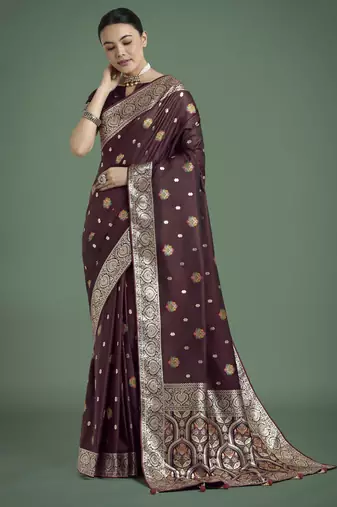 maroon silk blend banarasi jacuard work saree with unstitched blouse piece