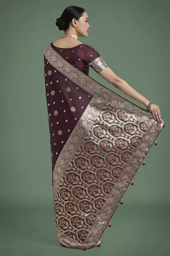maroon silk blend banarasi jacuard work saree with unstitched blouse piece