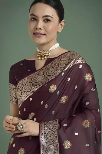 maroon silk blend banarasi jacuard work saree with unstitched blouse piece