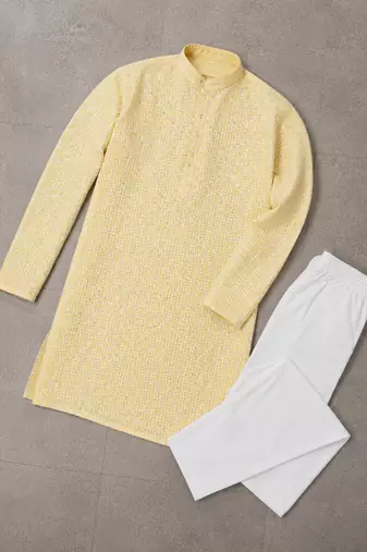 Yellow color traditional chikankari embroidery cotton men's kurta payjama set