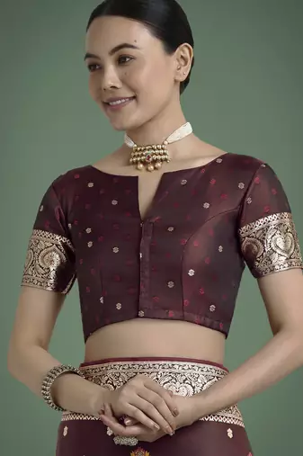 maroon silk blend banarasi jacuard work saree with unstitched blouse piece