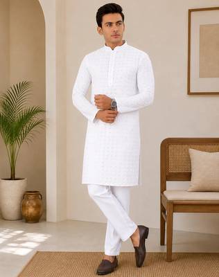 White color traditional chikankari embroidery cotton men's kurta payjama set 1