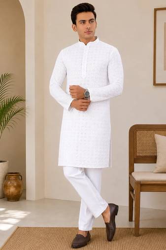 White color traditional chikankari embroidery cotton men's kurta payjama set