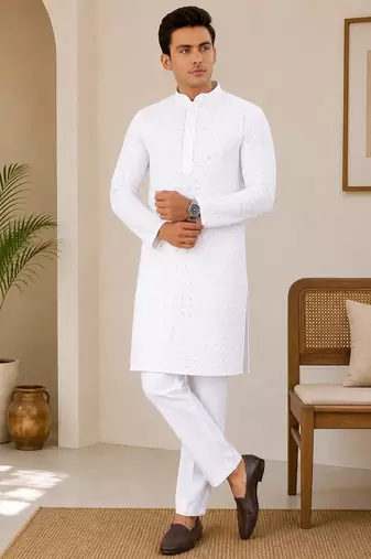 White color traditional chikankari embroidery cotton men's kurta payjama set