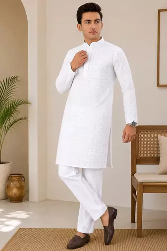 White color traditional chikankari embroidery cotton men's kurta payjama set