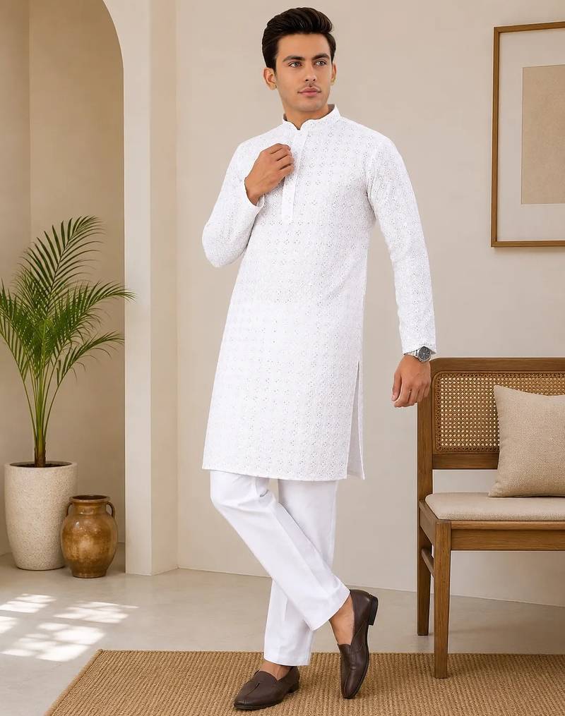 White color traditional chikankari embroidery cotton men's kurta payjama set