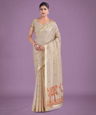 off white pink silk blend banarasi jacuard work saree with unstitched blouse piece 1