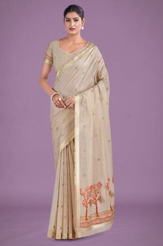 off white pink silk blend banarasi jacuard work saree with unstitched blouse piece