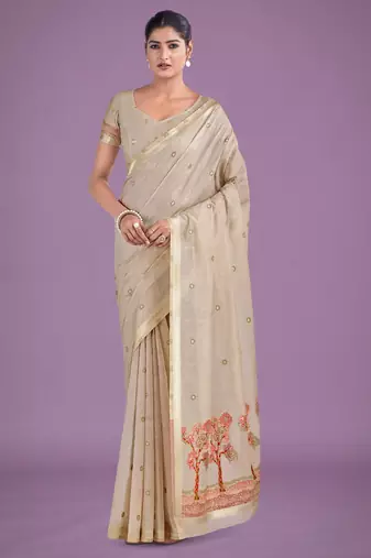 off white pink silk blend banarasi jacuard work saree with unstitched blouse piece