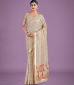 off white pink silk blend banarasi jacuard work saree with unstitched blouse piece