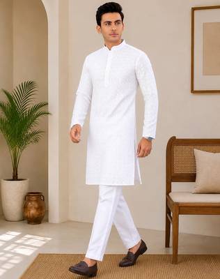 White color traditional chikankari embroidery cotton men's kurta payjama set 3