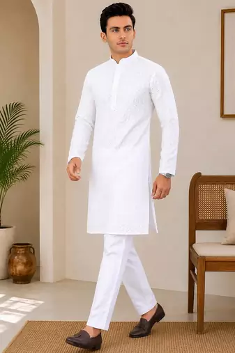 White color traditional chikankari embroidery cotton men's kurta payjama set