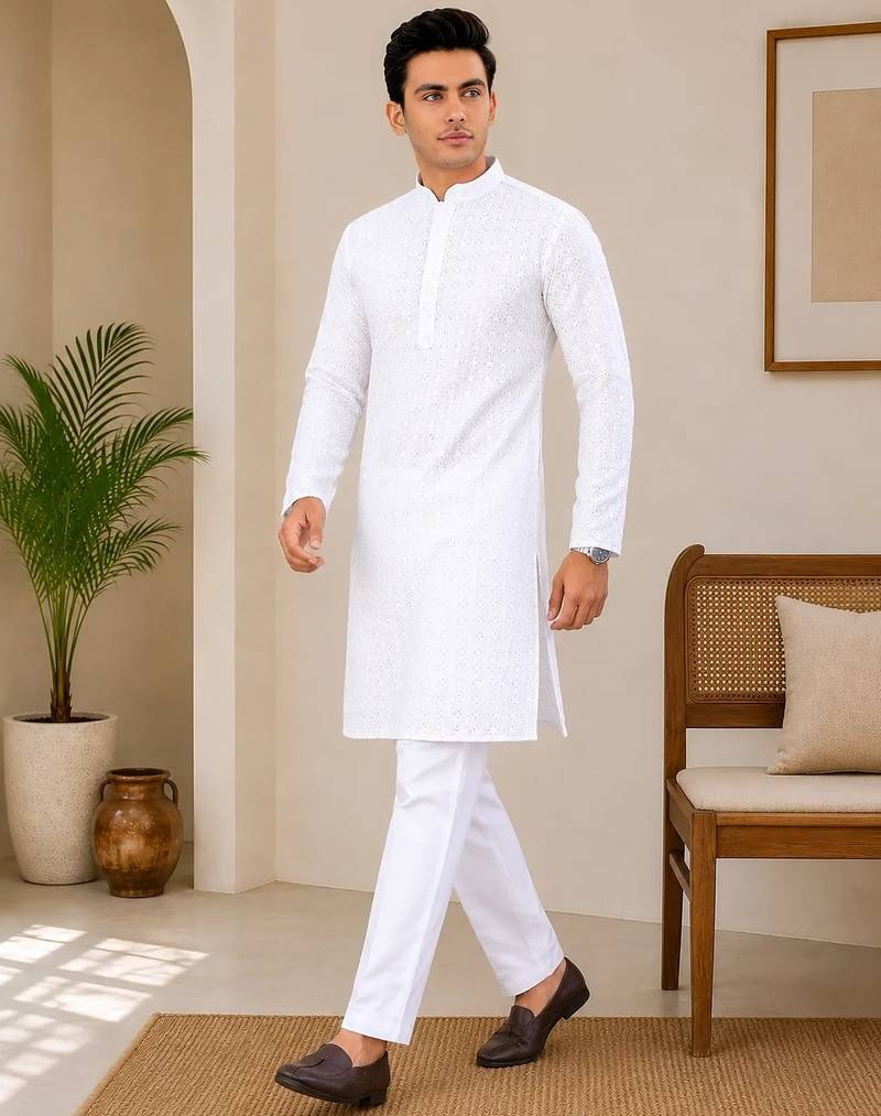 White color traditional chikankari embroidery cotton men's kurta payjama set