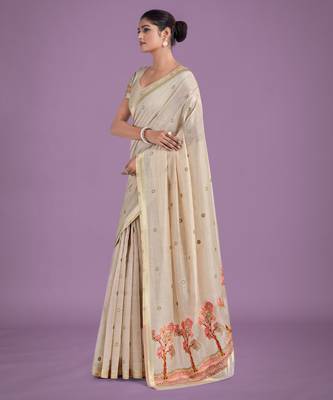 off white pink silk blend banarasi jacuard work saree with unstitched blouse piece 2