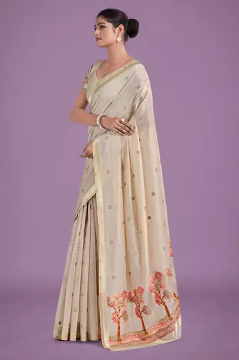 off white pink silk blend banarasi jacuard work saree with unstitched blouse piece