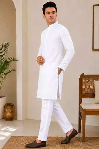 White color traditional chikankari embroidery cotton men's kurta payjama set