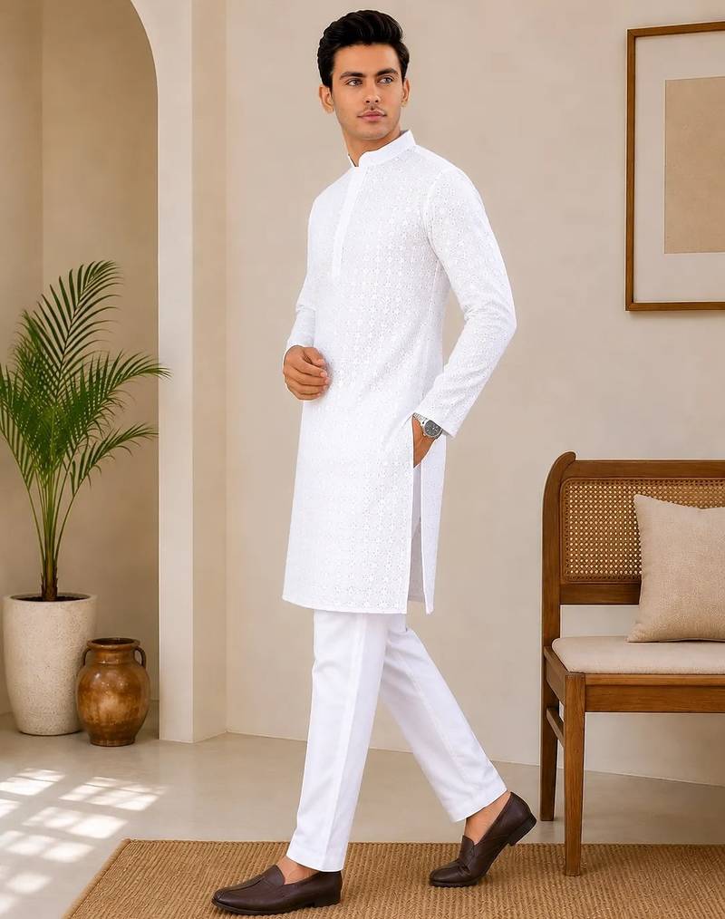White color traditional chikankari embroidery cotton men's kurta payjama set