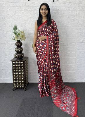 Red Color Mirror Work Satin Saree 1