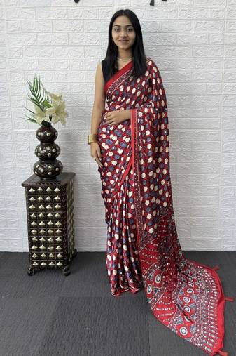 Red Color Mirror Work Satin Saree
