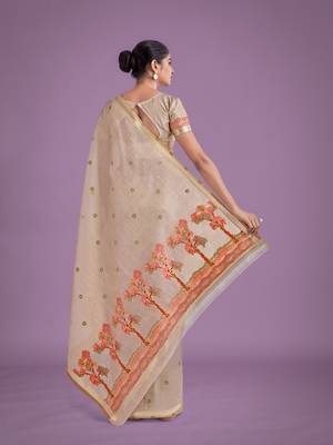 off white pink silk blend banarasi jacuard work saree with unstitched blouse piece 3