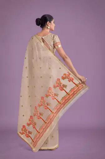 off white pink silk blend banarasi jacuard work saree with unstitched blouse piece