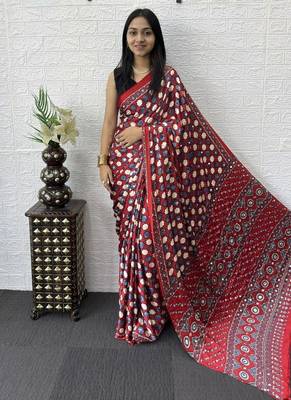 Red Color Mirror Work Satin Saree 2