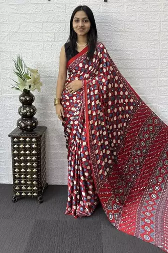 Red Color Mirror Work Satin Saree