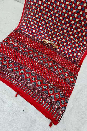 Red Color Mirror Work Satin Saree