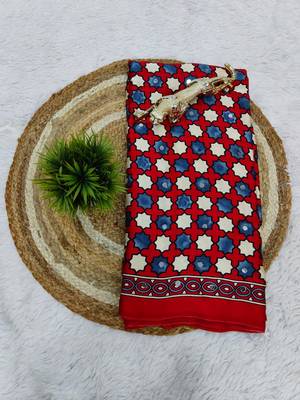 Red Color Mirror Work Satin Saree 5