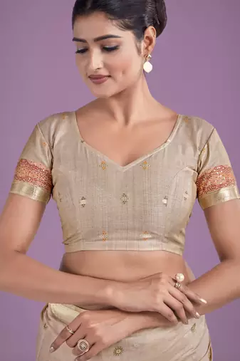 off white pink silk blend banarasi jacuard work saree with unstitched blouse piece