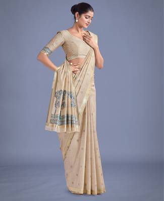 off white rama silk blend banarasi jacuard work saree with unstitched blouse piece 2