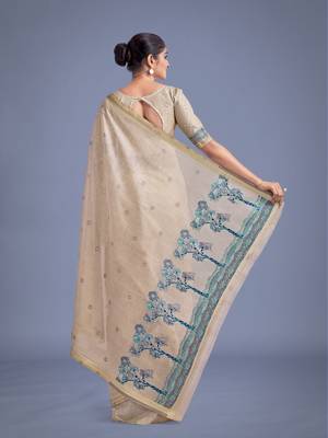 off white rama silk blend banarasi jacuard work saree with unstitched blouse piece 3