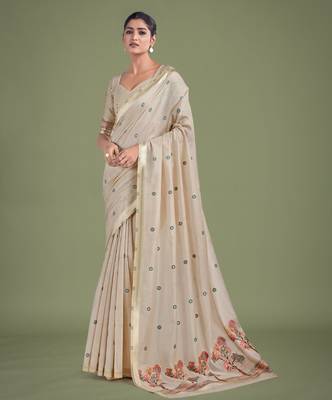 off white red silk blend banarasi jacuard work saree with unstitched blouse piece 1