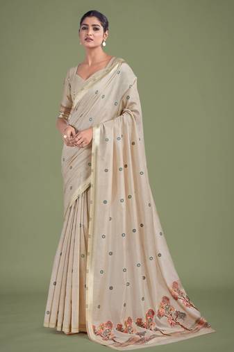 off white red silk blend banarasi jacuard work saree with unstitched blouse piece