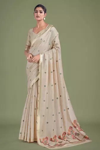 off white red silk blend banarasi jacuard work saree with unstitched blouse piece