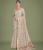off white red silk blend banarasi jacuard work saree with unstitched blouse piece
